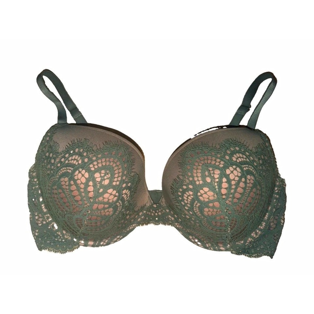 Victoria's Secret Dream Angels Push Up Bra 36D Sage Green Floral Lace Padded